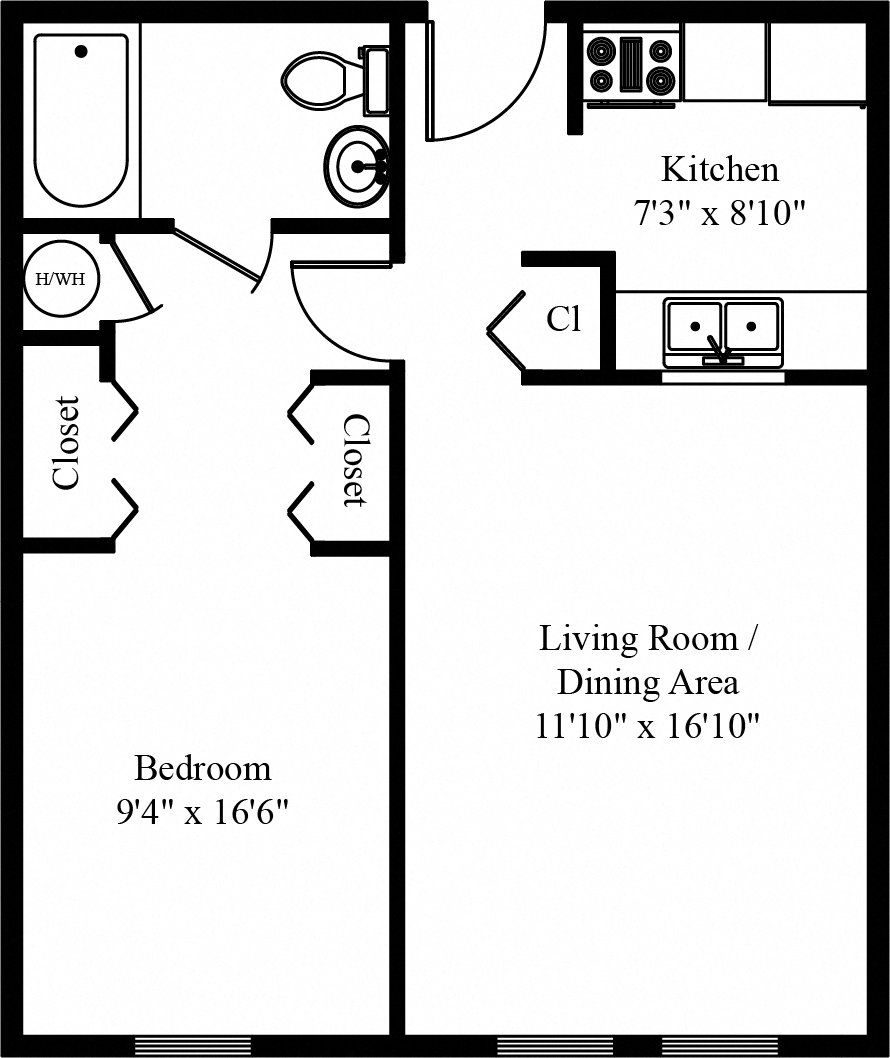 Floor plan for 1 bed, 1 bath, 417 sqft